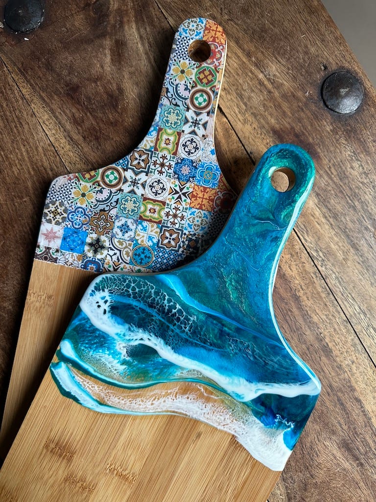 Blue Wave Ocean 3D Sea hand-painted bamboo thick paddle charcuterie board - Mediterranean home decor by Bonnymia