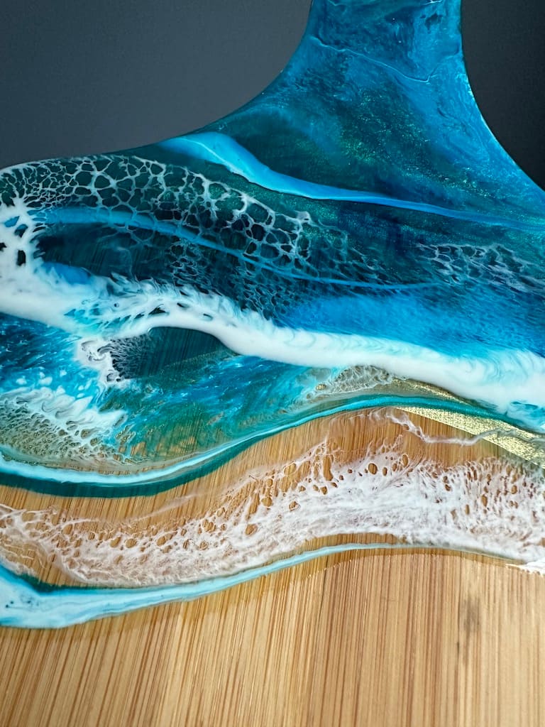 Blue Wave Ocean 3D Sea hand-painted bamboo thick paddle charcuterie board - Mediterranean home decor by Bonnymia