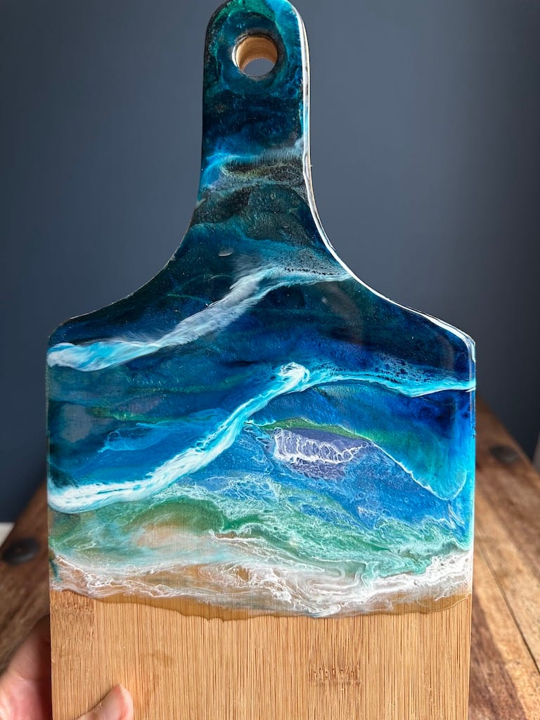 Blue Wave Ocean 3D Sea hand-painted bamboo thick paddle charcuterie board - Mediterranean home decor by Bonnymia