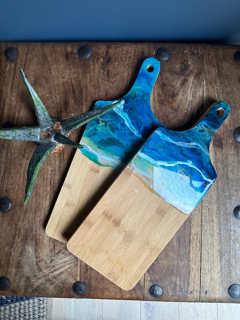 Blue Wave Ocean 3D Sea hand-painted bamboo thick paddle charcuterie board - Mediterranean home decor by Bonnymia