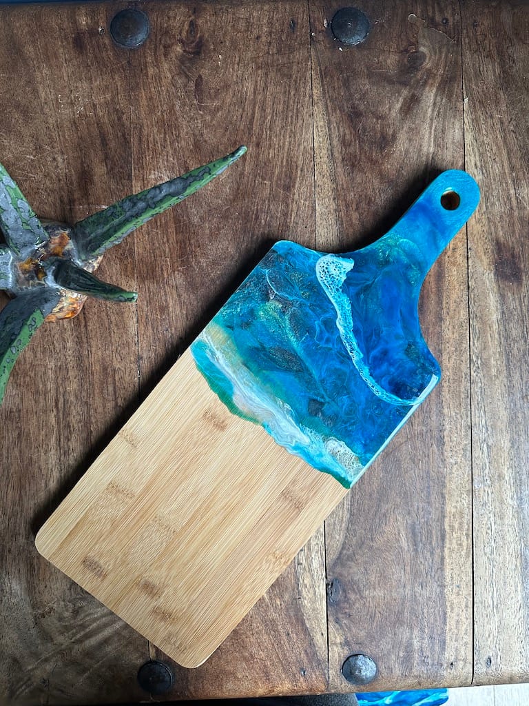Blue Wave Ocean 3D Sea hand-painted bamboo thick paddle charcuterie board - Mediterranean home decor by Bonnymia