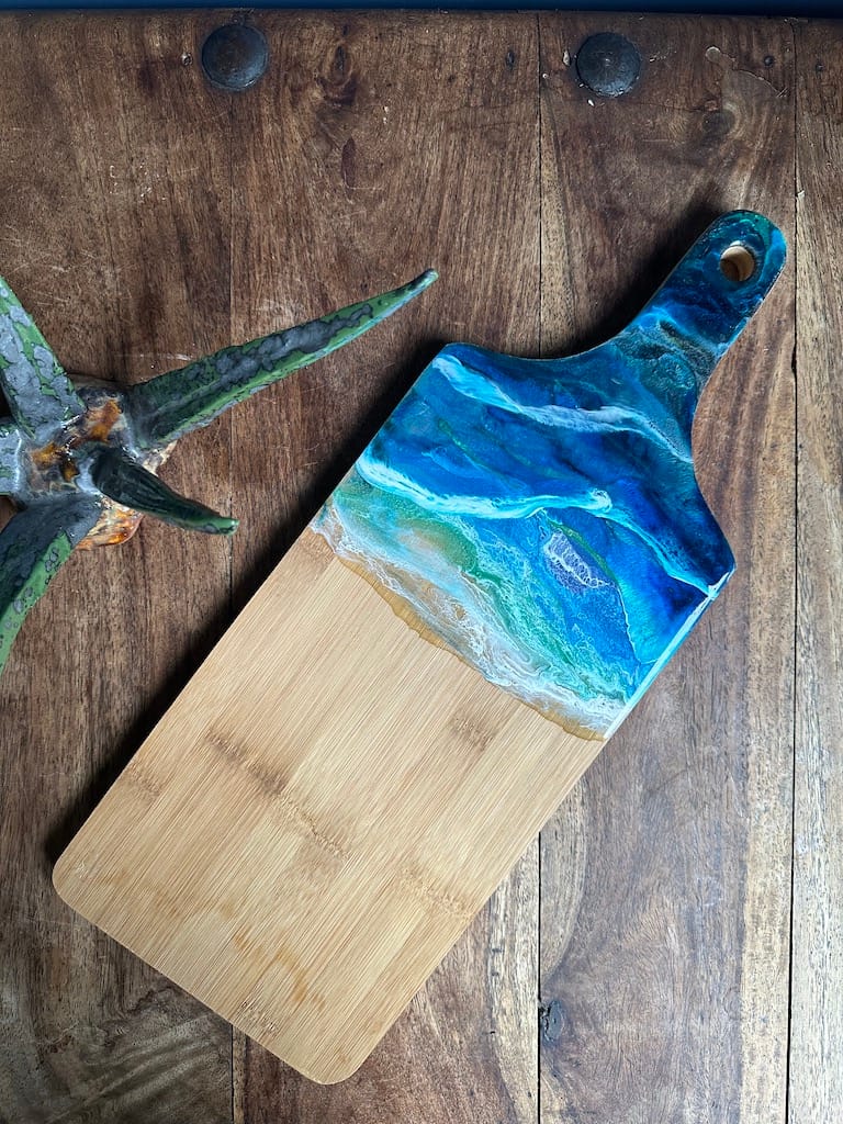 Blue Wave Ocean 3D Sea hand-painted bamboo thick paddle charcuterie board - Mediterranean home decor by Bonnymia