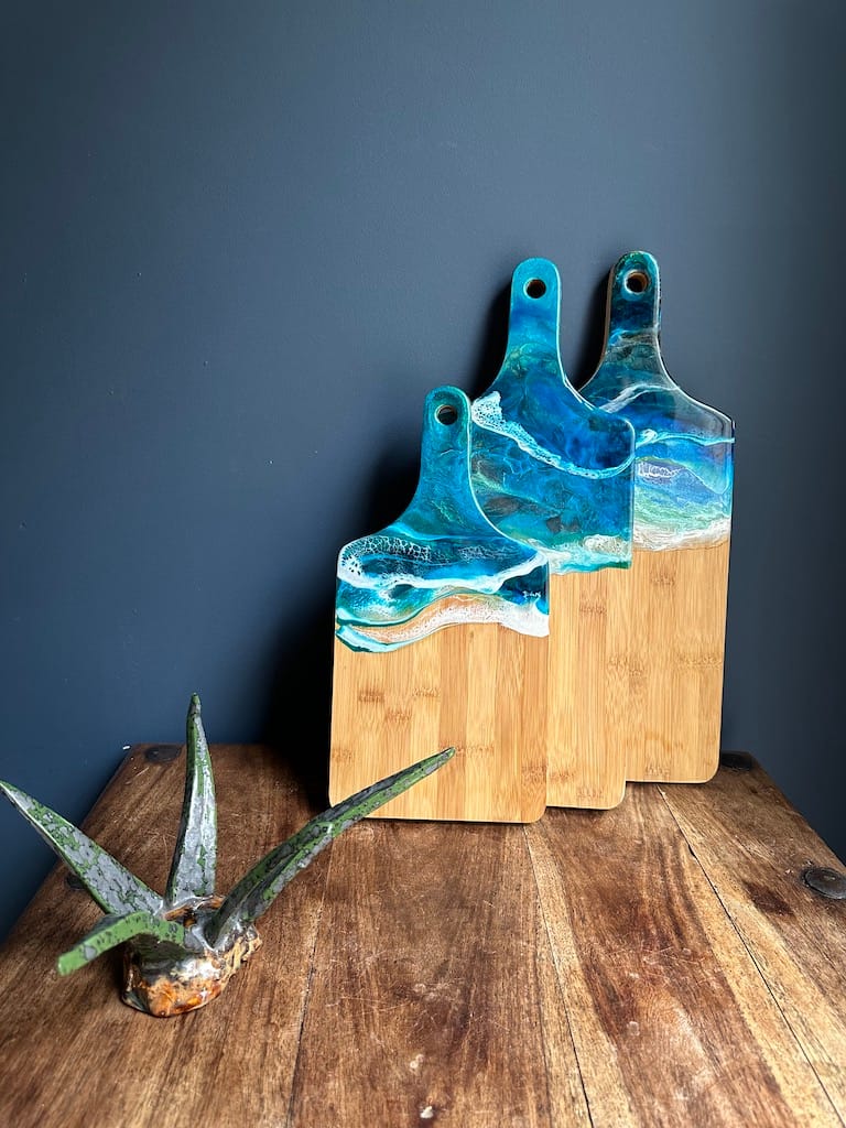 Blue Wave Ocean 3D Sea hand-painted bamboo thick paddle charcuterie board - Mediterranean home decor by Bonnymia