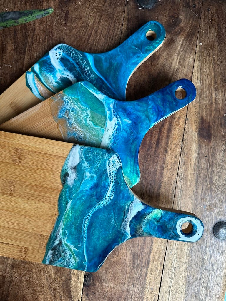 Blue Wave Ocean 3D Sea hand-painted bamboo thick paddle charcuterie board - Mediterranean home decor by Bonnymia
