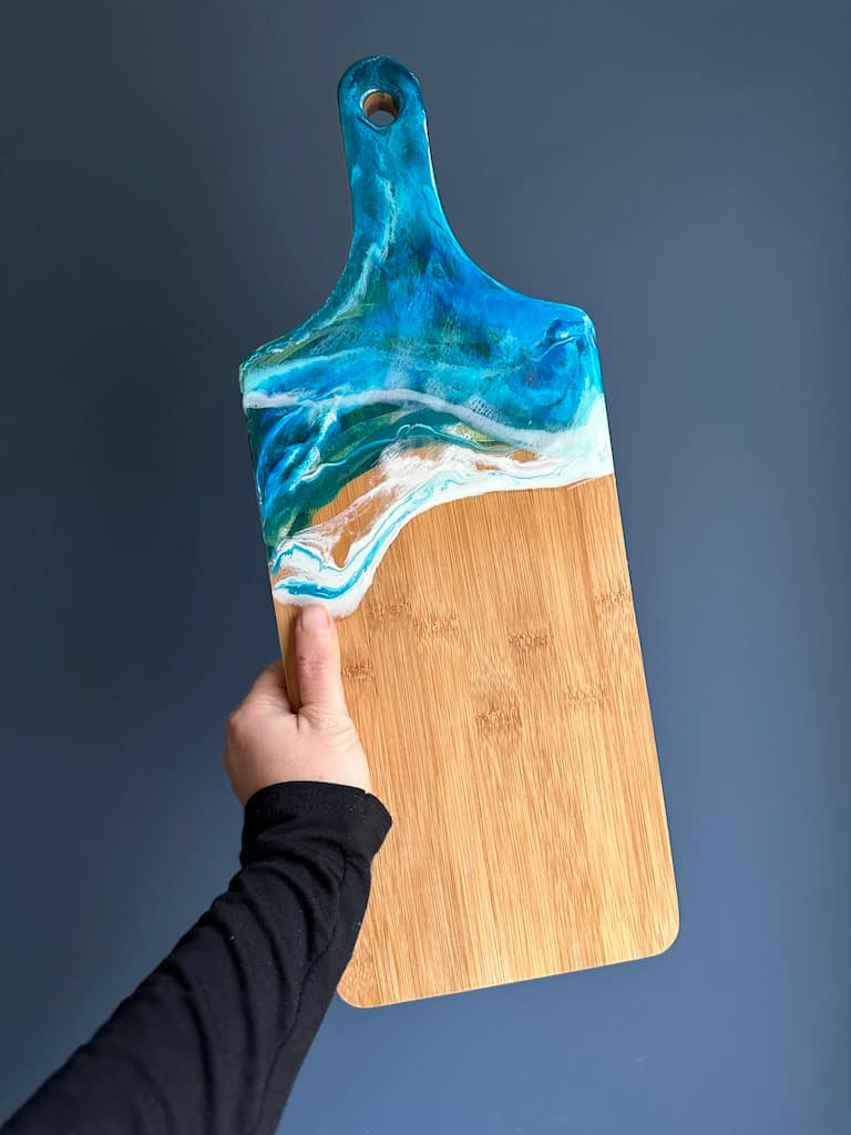 Blue Wave Ocean 3D Sea hand-painted bamboo thick paddle charcuterie board - Mediterranean home decor by Bonnymia