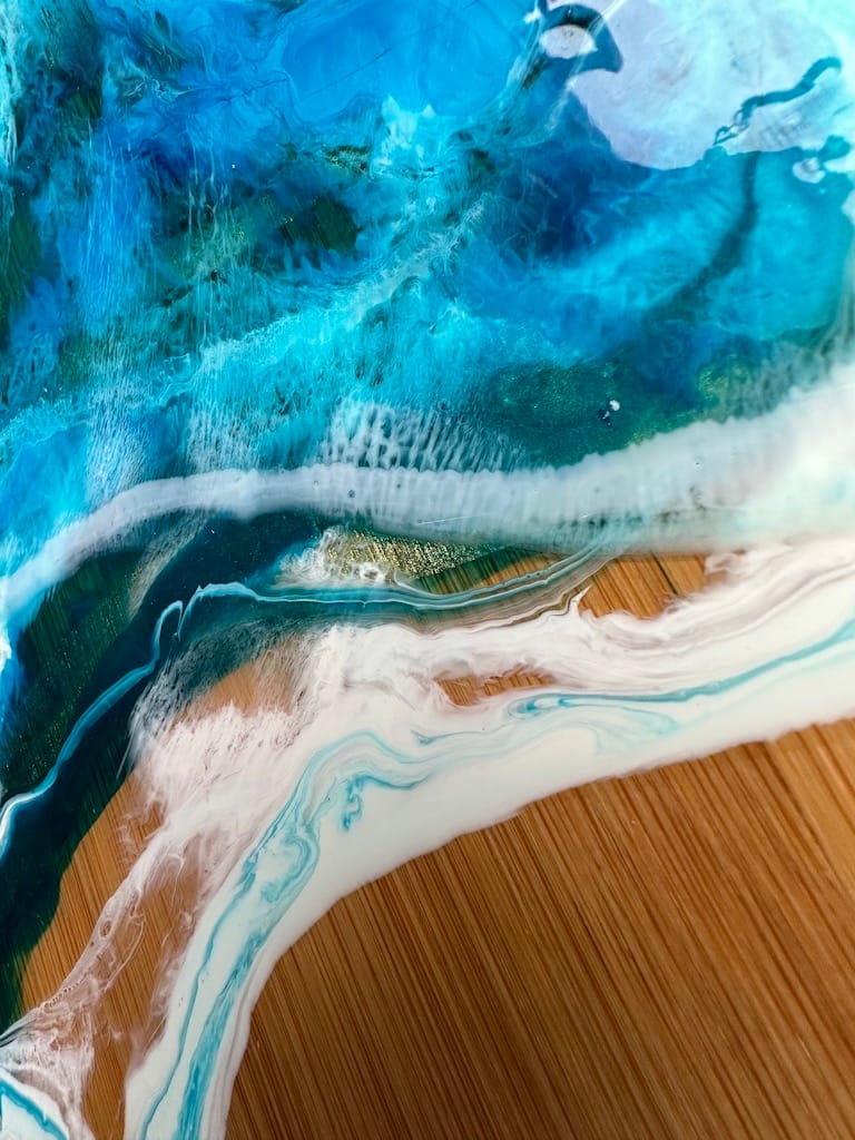 Blue Wave Ocean 3D Sea hand-painted bamboo thick paddle charcuterie board - Mediterranean home decor by Bonnymia