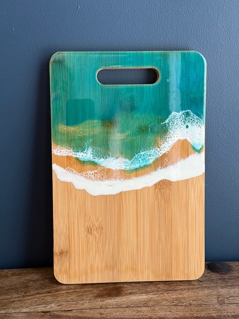 Wave hand-painted bamboo charcuterie board - Mediterranean home decor by Bonnymia