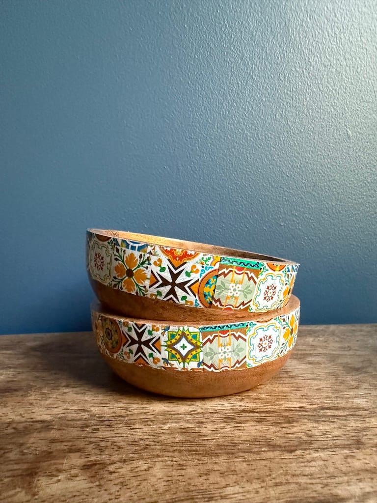 Mix tile-effect acacia calabash snack bowl - Mediterranean home decor by Bonnymia