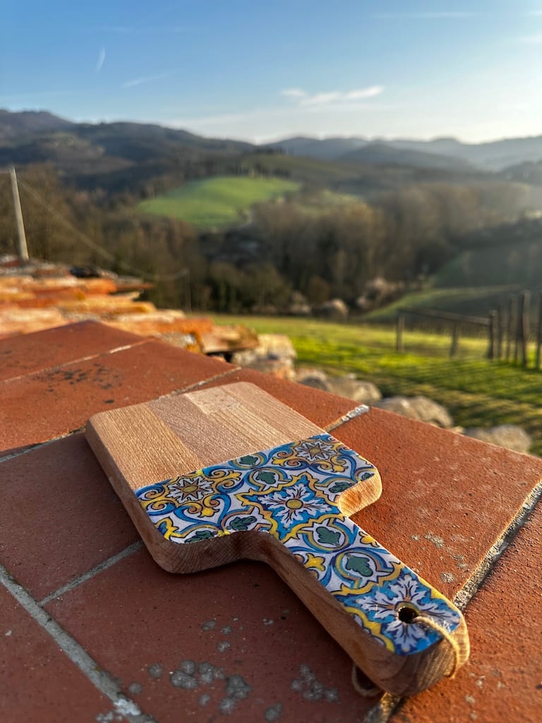 Blue and Yellow Spanish tile painted-effect beech wood charcuterie board - Mediterranean home decor by Bonnymia