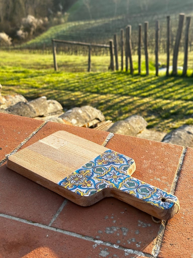 Blue and Yellow Spanish tile painted-effect beech wood charcuterie board - Mediterranean home decor by Bonnymia