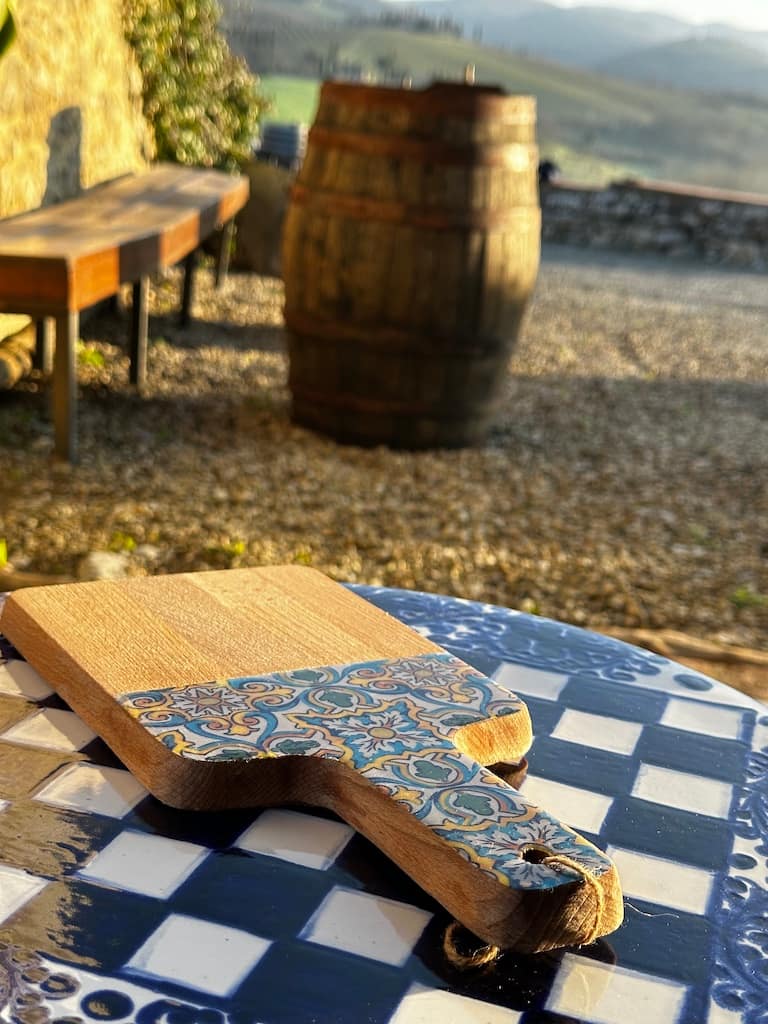 Blue and Yellow Spanish tile painted-effect beech wood charcuterie board - Mediterranean home decor by Bonnymia