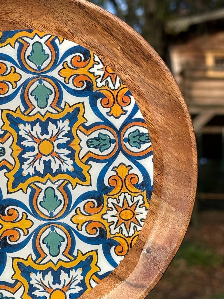 Blue and Yellow Spanish tile-pattern plate, acacia wood - Mediterranean home decor by Bonnymia