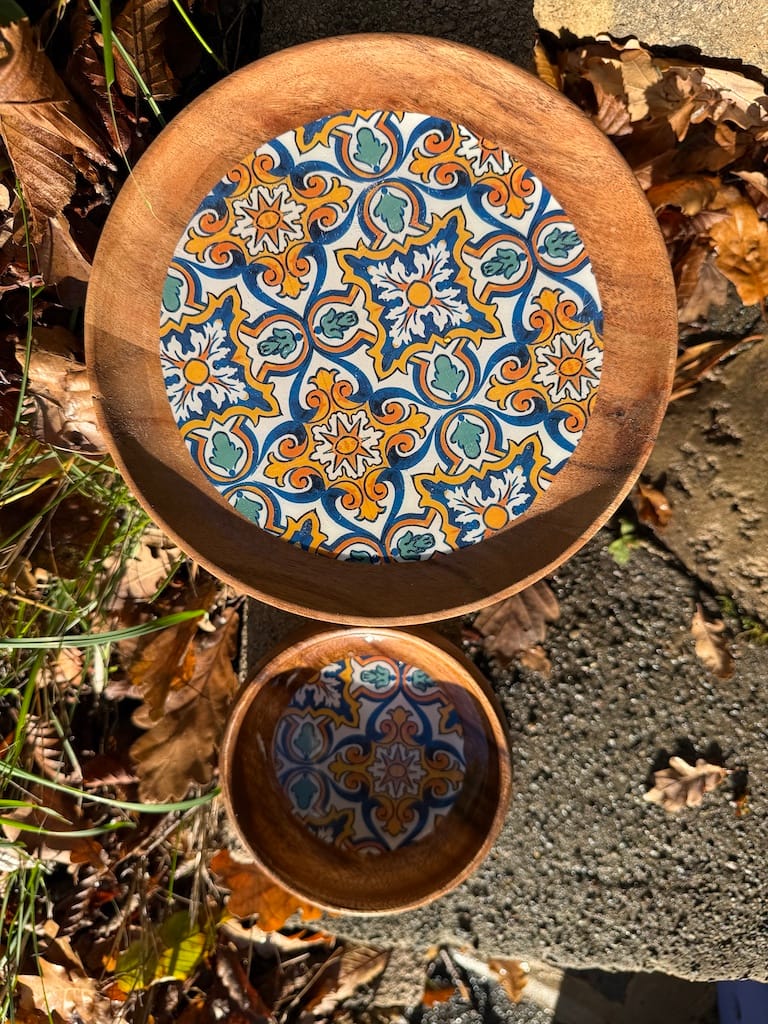 Blue and Yellow Spanish tile-pattern plate, acacia wood - Mediterranean home decor by Bonnymia