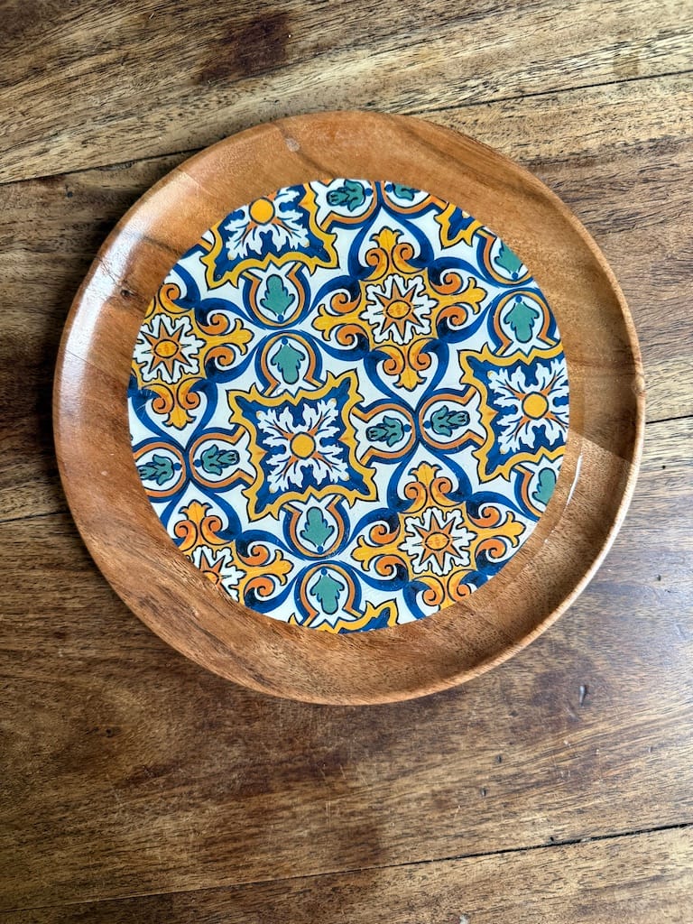 Blue and Yellow Spanish tile-pattern plate, acacia wood - Mediterranean home decor by Bonnymia