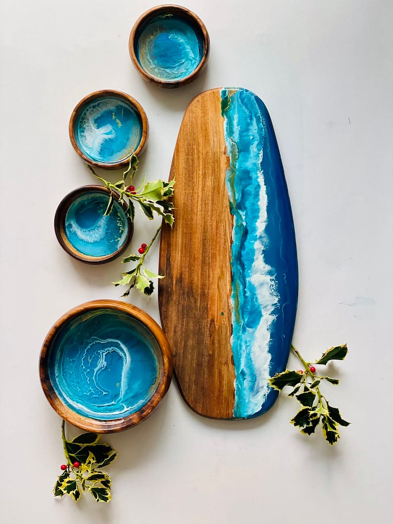 Hand-painted wave acacia and mango wood gift set - Mediterranean home decor by Bonnymia