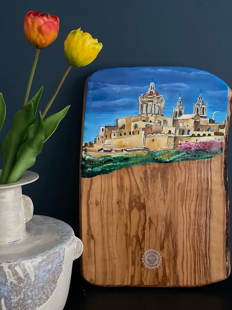 Mdina hand-painted olive wood piece - Mediterranean home decor by Bonnymia