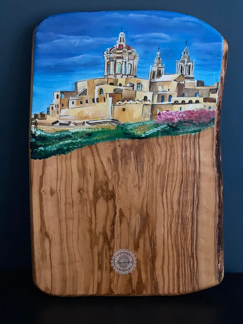 Mdina hand-painted olive wood piece - Mediterranean home decor by Bonnymia
