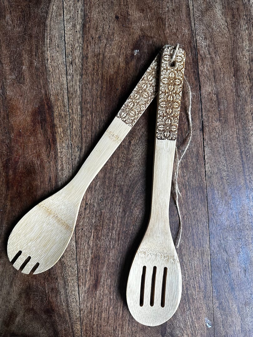 Leaf Cross engraved tile bamboo salad utensils - Mediterranean home decor by Bonnymia
