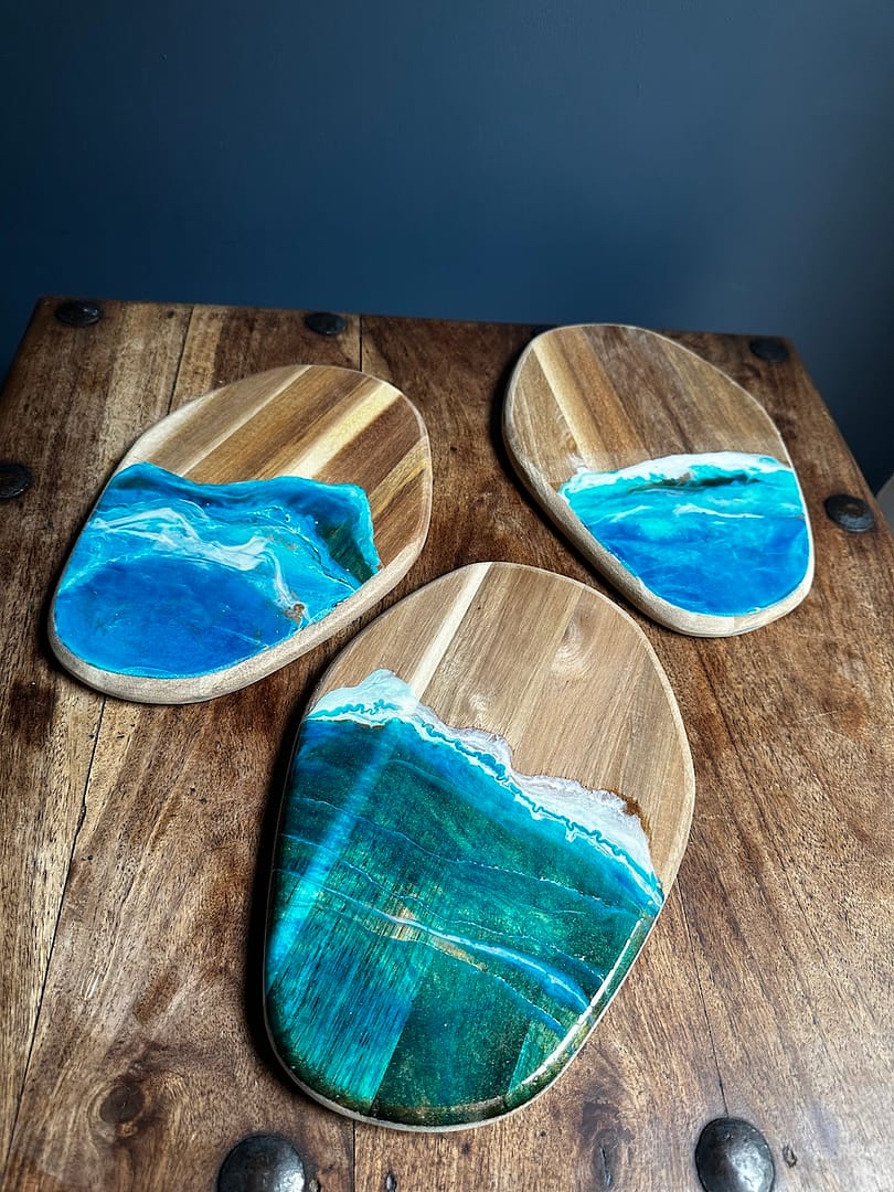 Wave hand-painted acacia wood charcuterie board - Mediterranean home decor by Bonnymia