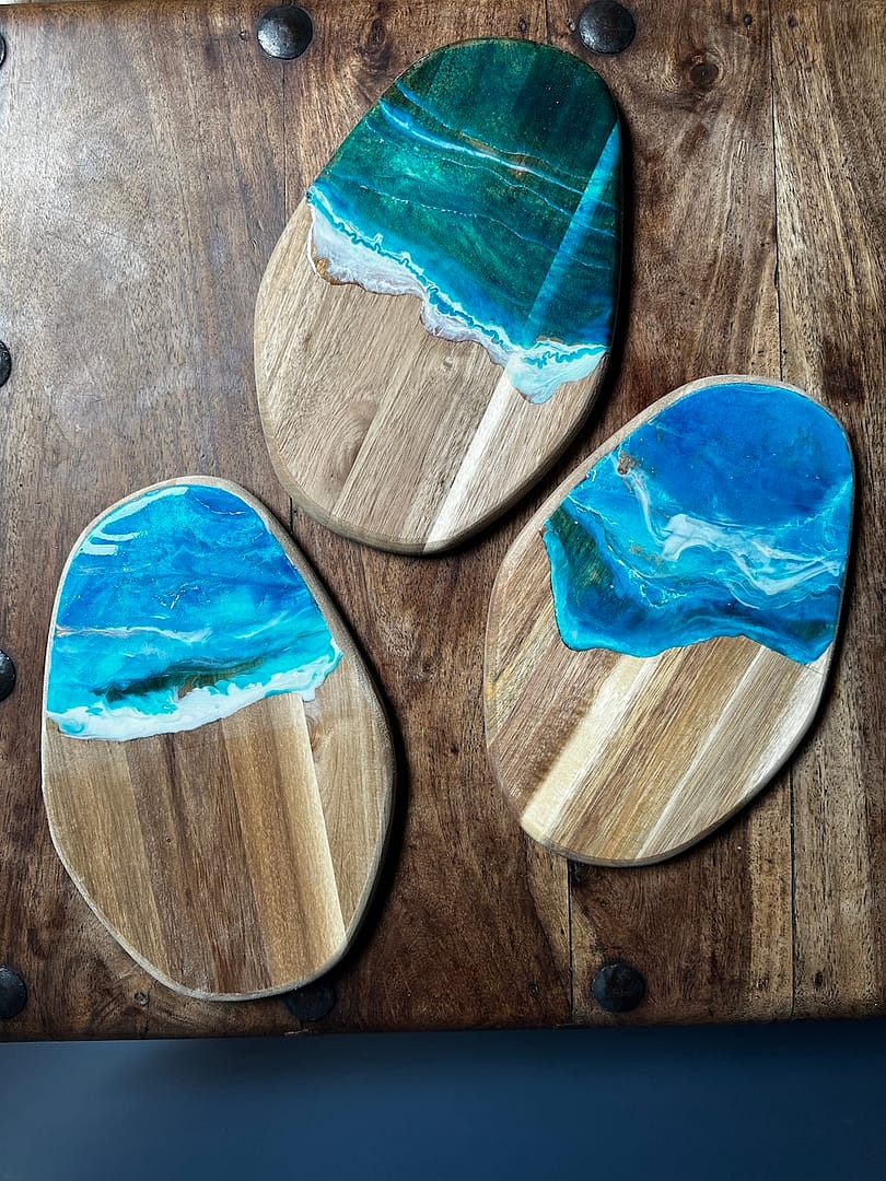 Wave hand-painted acacia wood charcuterie board - Mediterranean home decor by Bonnymia