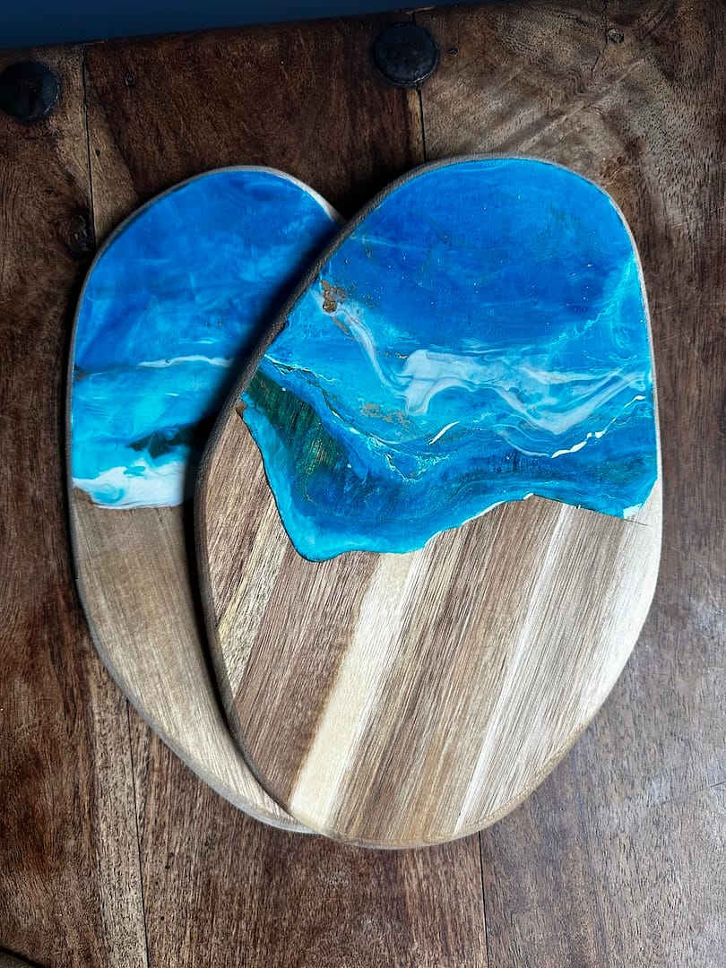 Wave hand-painted acacia wood charcuterie board - Mediterranean home decor by Bonnymia