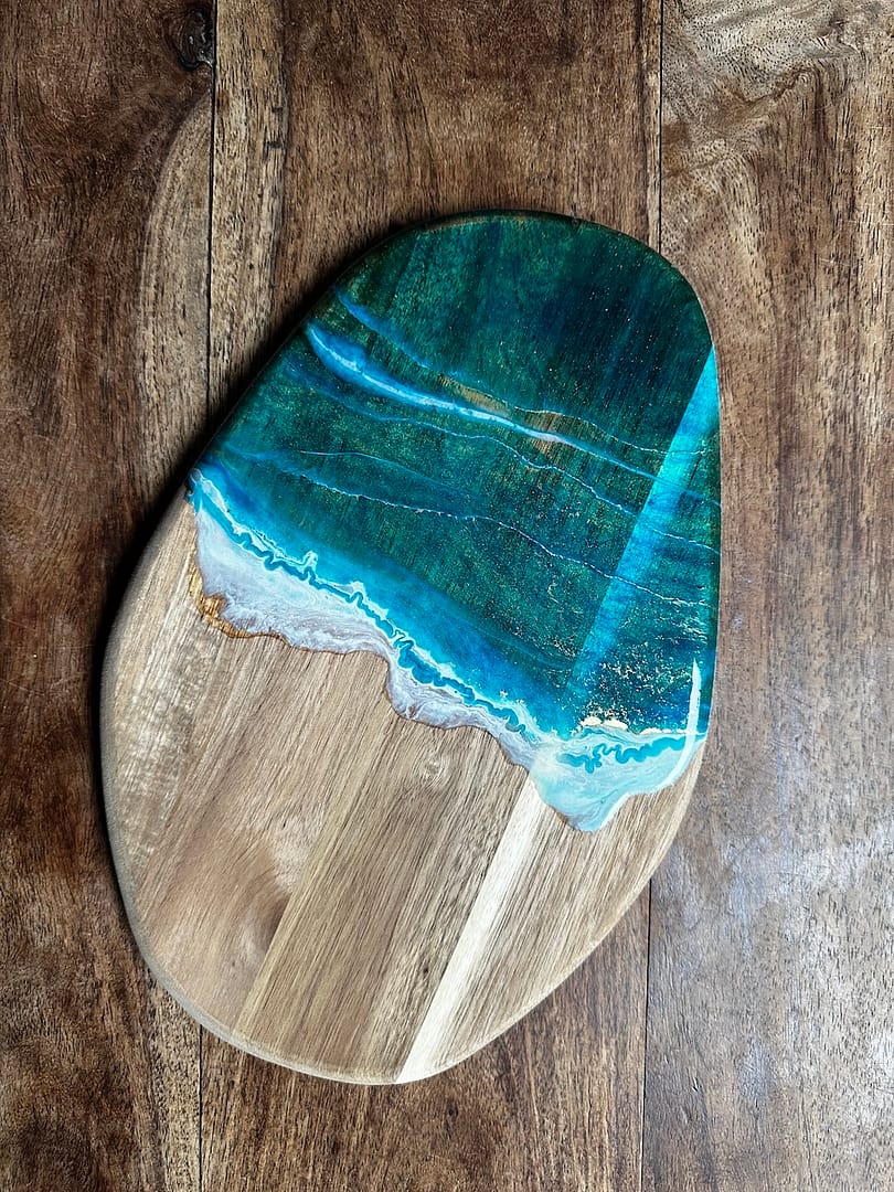 Wave hand-painted acacia wood charcuterie board - Mediterranean home decor by Bonnymia