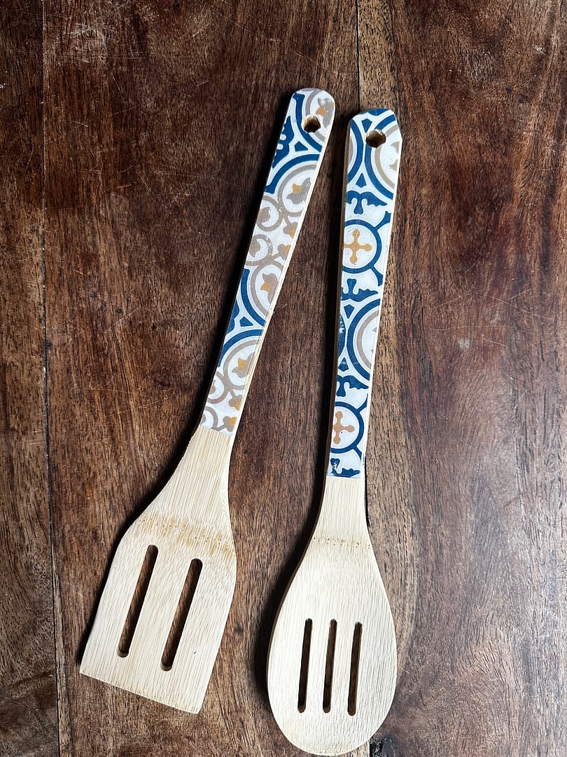 Nanna Grey Tile painted-effect bamboo salad utensils - Mediterranean home decor by Bonnymia
