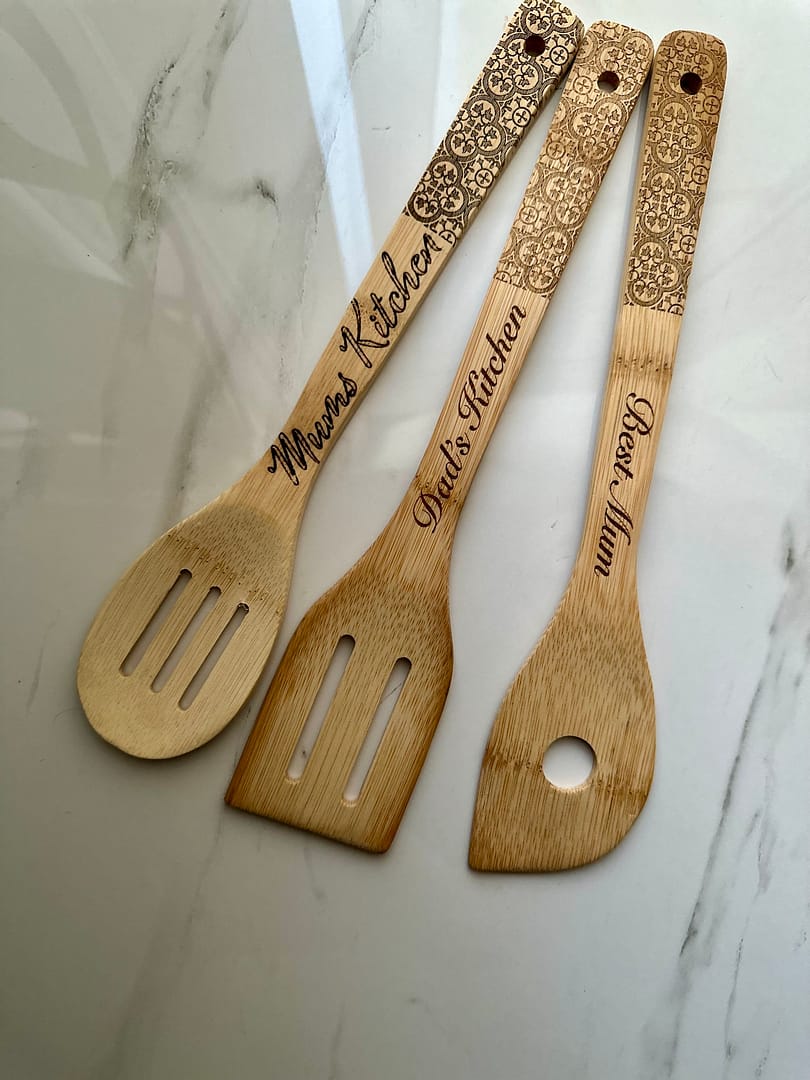 Nanna engraved tile bamboo salad utensil Dad's Kitchen - Mediterranean home decor by Bonnymia