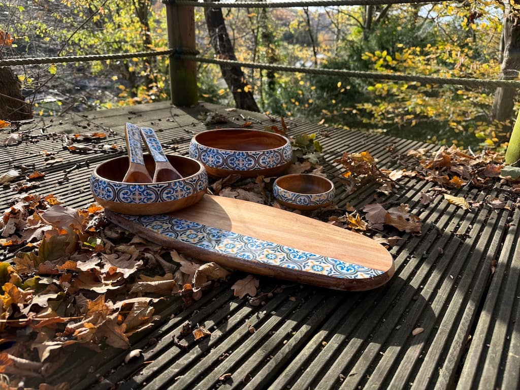 Nanna Blue Tile Painted Effect Rustic Charcuterie Acacia Wood Board H2 x W52 x D20cm - Image 4