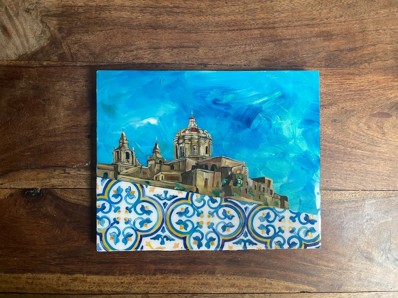 Painting Hand Painted Mdina and Painted Tile Wood hanging Board 20x 25cm - Image 5