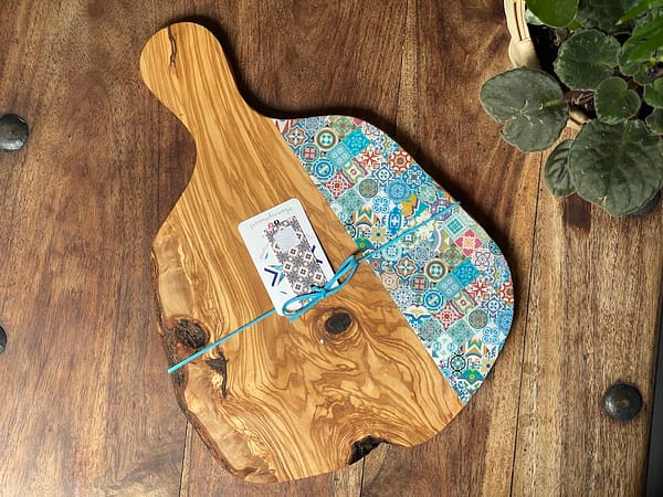 Handle Turquoise Mix Tile Painted Effect Charcuterie Olive Wood Board 40 cm Approx