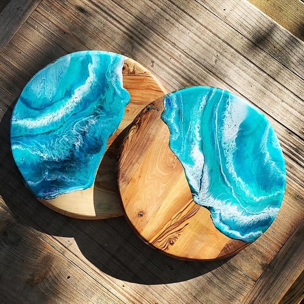 Wave Turquoise Painted wave Charcuterie Round Olive Wood Board 25x25cm approx