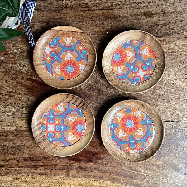 Orange an Turquoise Tile effect Set of 4 tile Painted effect acacia Coasters - Image 3