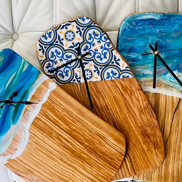 Wave Blue Wave Hand Painted Top Grain Olive Wood Clock 40cm approx - Image 2