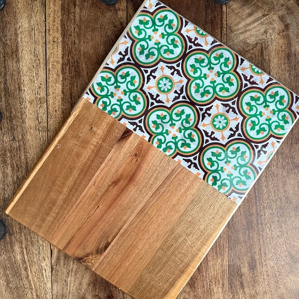 Nanna Red and Green Patterned Tile Effect Charcuterie Acacia Wood Board large 38x28 approx cm