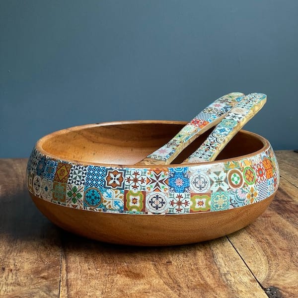New Mix Tile painted effect Acacia Wood Bowl (utensils not included) 26x8 cm