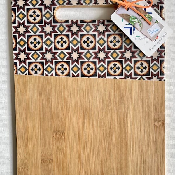 Red and Blue Star Tile Effect Charcuterie Bamboo Slim Wood Board 30.5x23x1 cm
