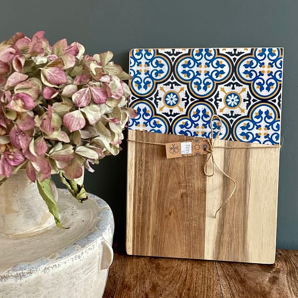 Nanna Blue Patterned Tile Effect Charcuterie Acacia Wood Board 34x24 cm