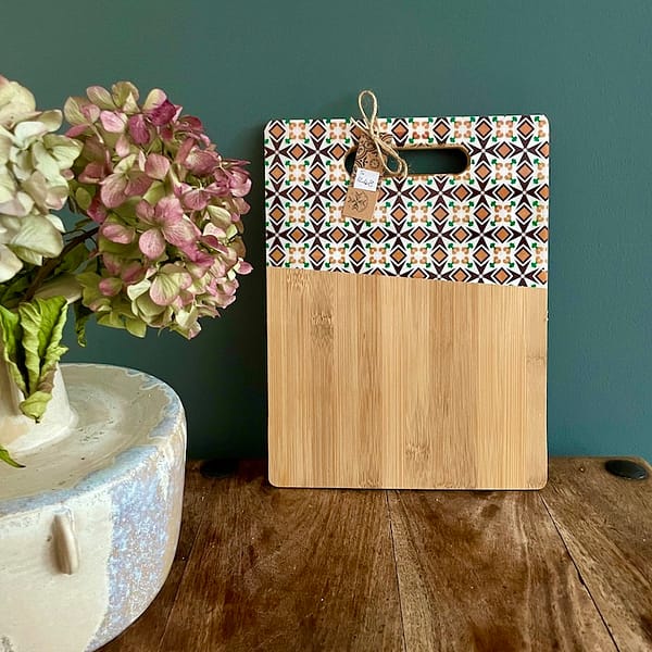 Maltese Cross Tile Painted Effect Charcuterie Bamboo Slim Wood Board 30.5x23x1 cm