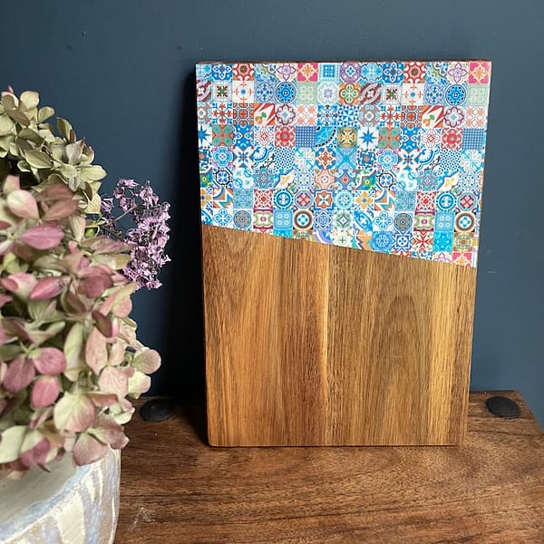 Bright Blue Mix Patterned Tile Painted Effect Charcuterie Oak Wood Board 31.5 x 23cm