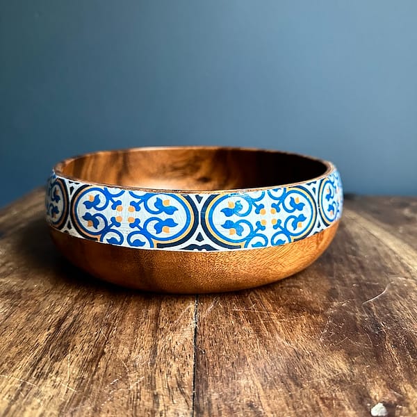 Nanna Blue Tile painted effect Medium Salad Bowl Wooden Bowl Wood Fruit Bowl One