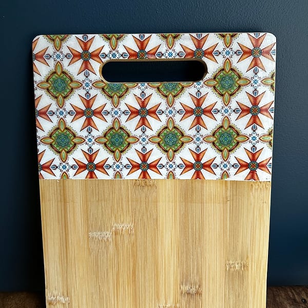 Malta Cross New Tile Painted Effect Charcuterie Bamboo Slim Wood Board 30.5x23x1 cm