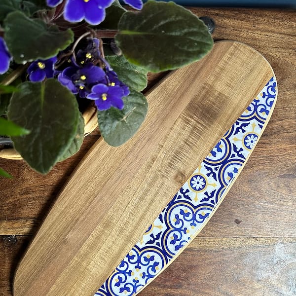 Nanna Blue Tile Painted Effect Rustic Charcuterie Acacia Wood Board H2 x W52 x D20cm