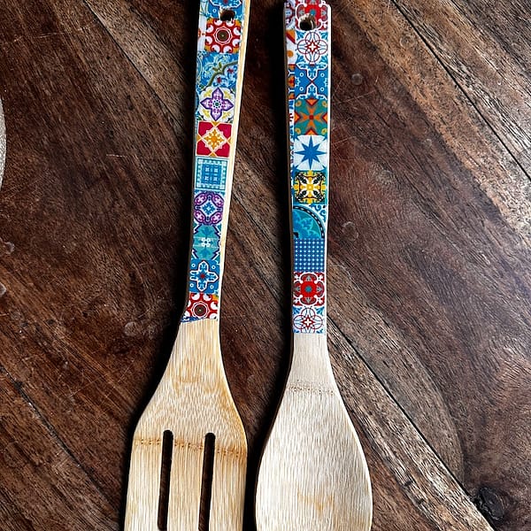 Bright Blue Mix Tile Bamboo Salad Utensils