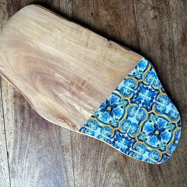 Blue Spanish Patterned Tile Effect Charcuterie Rustic Grain Olive Wood Board 40 cm Approx