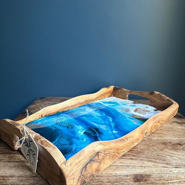 Wave 3D Hand Painted Wave Tray Lap Bed Tea Handmade Rustic Grain Olive Wood Board XL