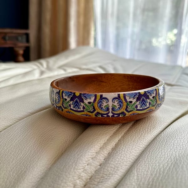 Blue Spanish Tile painted effect Snack Bowl Monkey Pod Salad bowl One