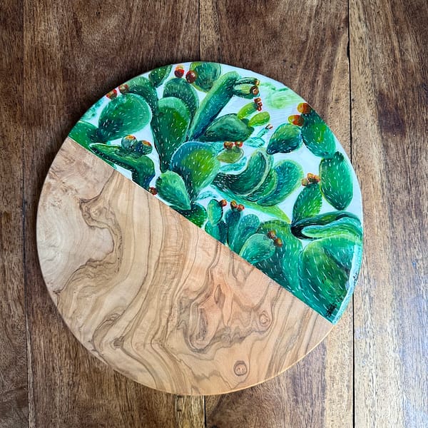 Hand Painted Prickly Pear Cactus Il-Bajtra Tax-Xewk Charcuterie Olive Wood Round Board 25cm approx
