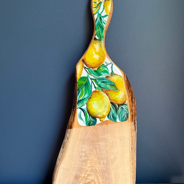 Lemons Hand Painted Lemons Charcuterie Handmade Top Grain Rustic Edge Olive Wood Board 45cm approx