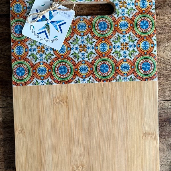 Orange and Green Love Hearts Painted Effect Charcuterie Bamboo Slim Wood Board 30.5x23x1 cm